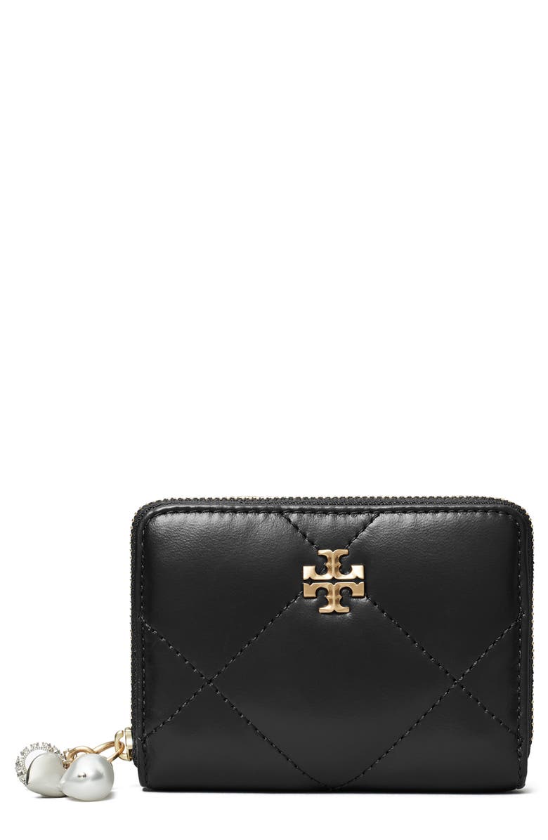 Tory Burch Small Kira Diamond Quilted Leather Zip Wallet, Main, color, Black