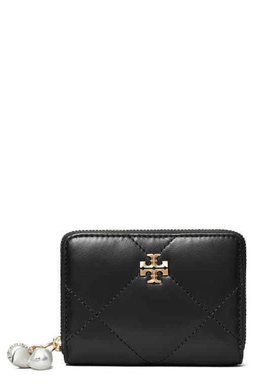 Tory Burch Small Kira Diamond Quilted Leather Zip Wallet In Black