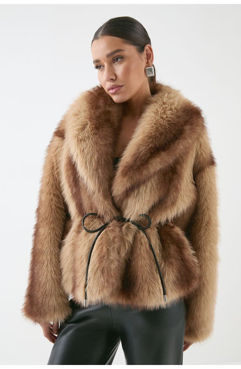 MissPap Faux Fur Wide Collar Belted Jacket, Main, color, Brown
