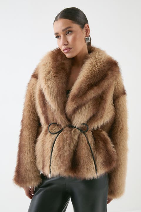 Faux Fur Wide Collar Belted Jacket