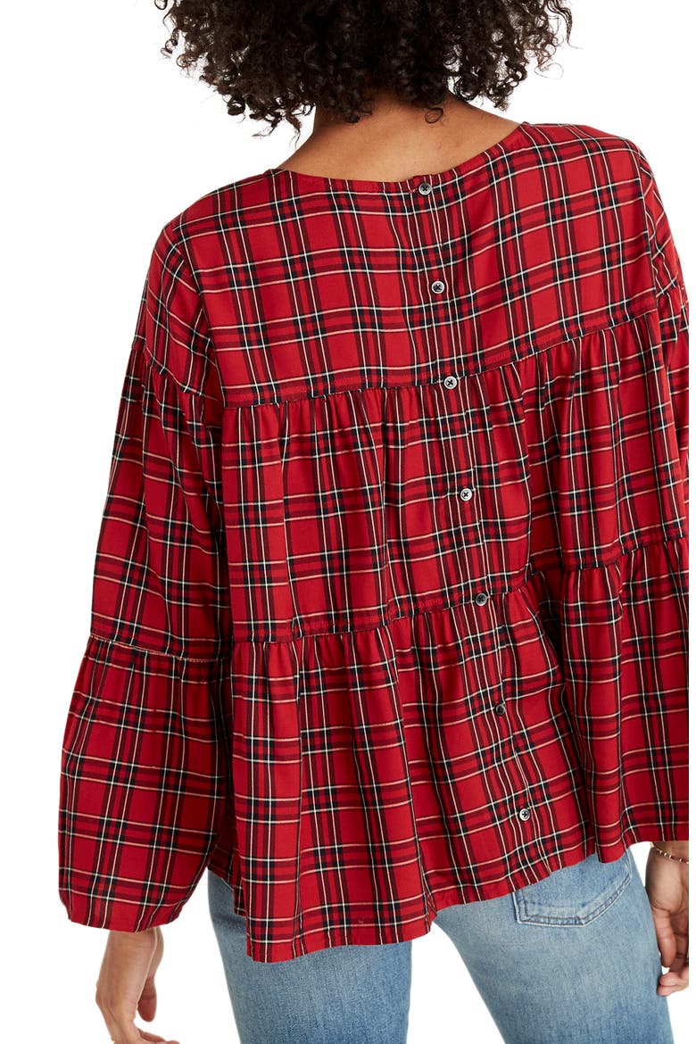 Plaid Tiered Button Back Top, Alternate, color, TRUE RED