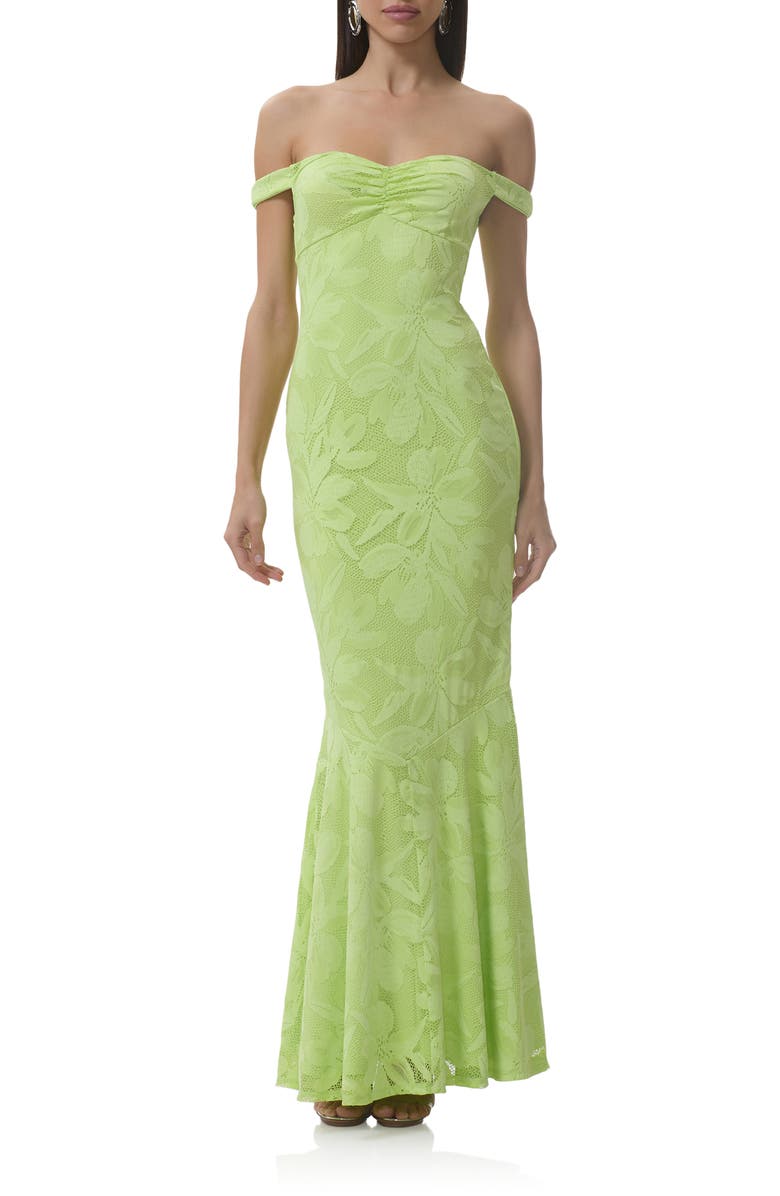 AFRM Morgan Floral Mesh Off the Shoulder Dress, Alternate, color, Lime Essence