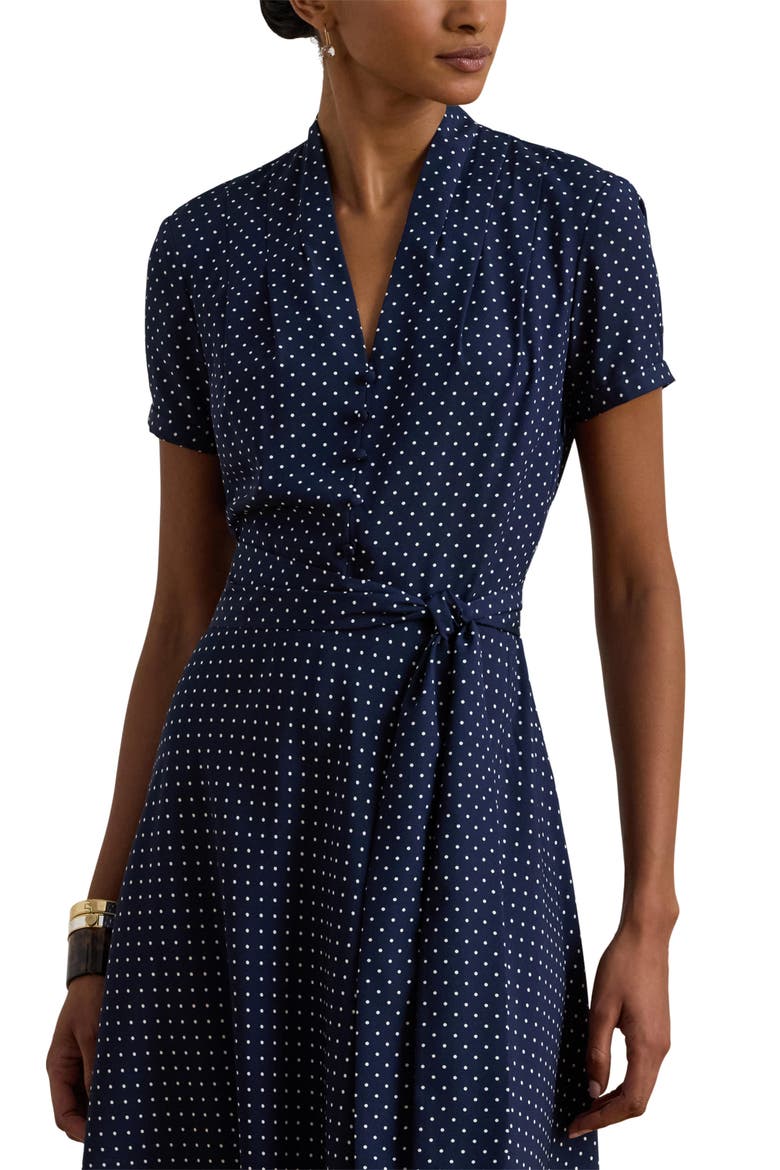 Micro Dot Crêpe de Chine Midi Dress, Alternate, color, NAVY BLUE/ WHITE