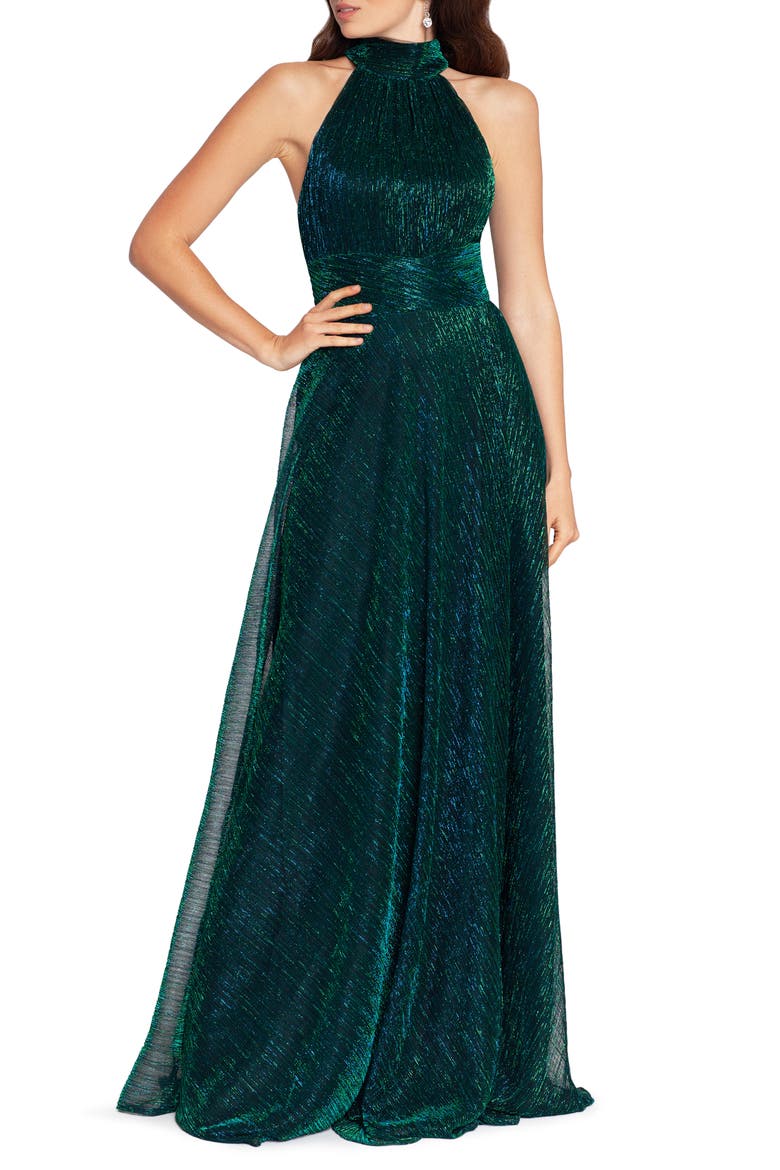 Metallic Sleeveless Halter Neck Open Back Gown, Main, color, JADE