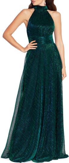 Metallic Sleeveless Halter Neck Open Back Gown