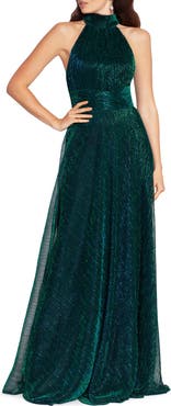 Betsy & Adam Metallic Sleeveless Halter Neck Open Back Gown