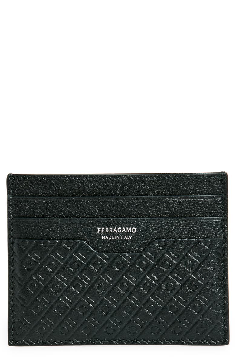 FERRAGAMO Mini Gancio Embossed Leather Card Case, Main, color, Nero Nero X Mod