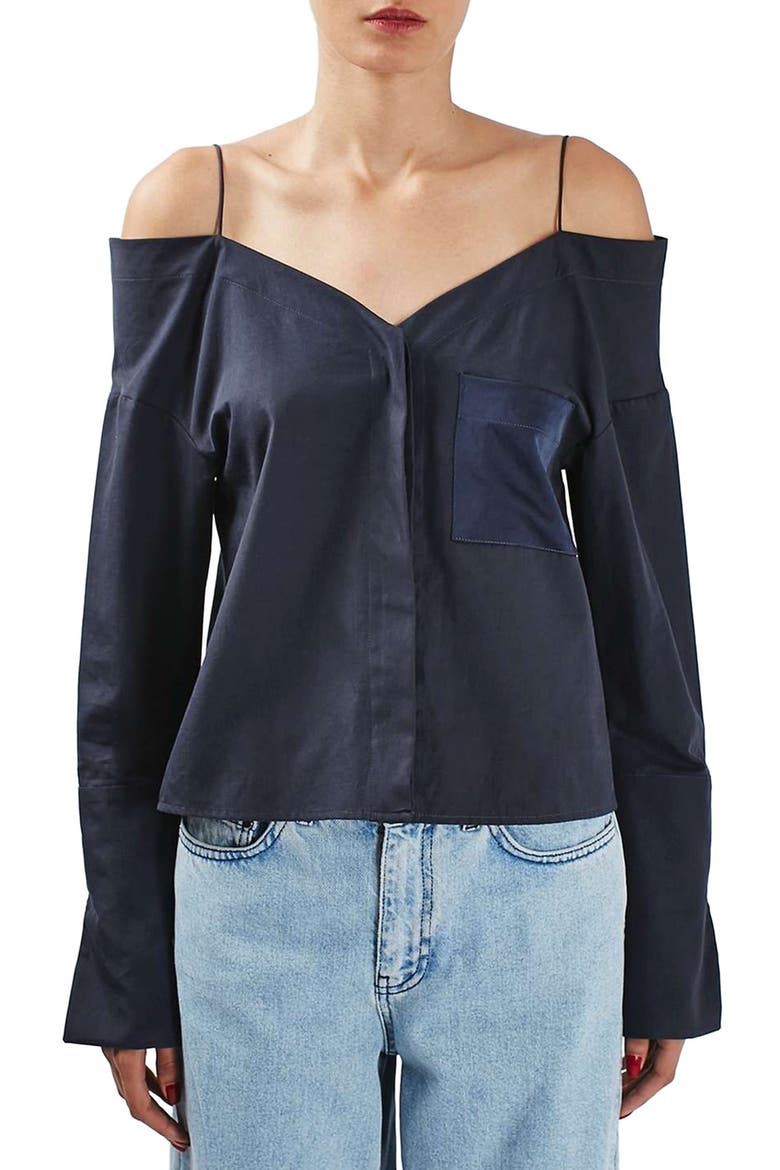 Two-Tone Off the Shoulder Shirt, Main, color, NAVY BLUE