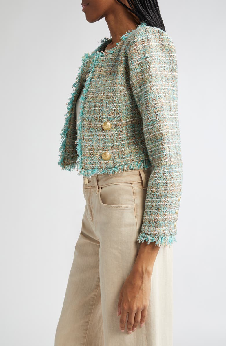 L'AGENCE Clydie Collarless Crop Blazer, Alternate, color, Lagoon/ Light Brown Tweed