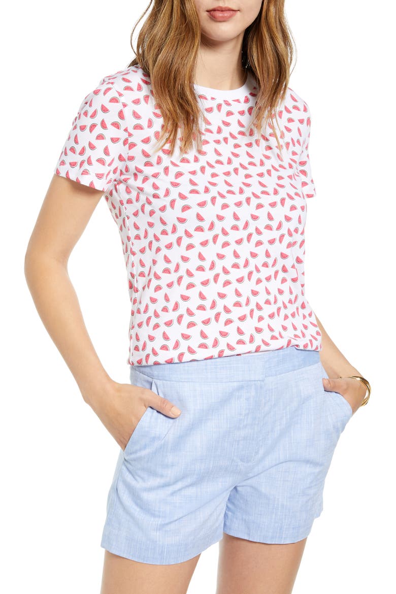 Watermelon Graphic Cotton Blend Tee, Main, color, WHITE MULTI WATERMELON PRINT