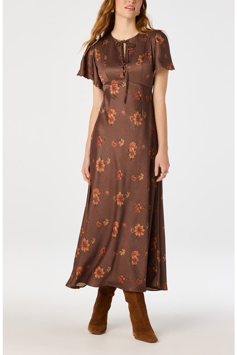 Riley Floral Satin Midi Dress, Alternate, color, LIGHT BROWN FLORAL