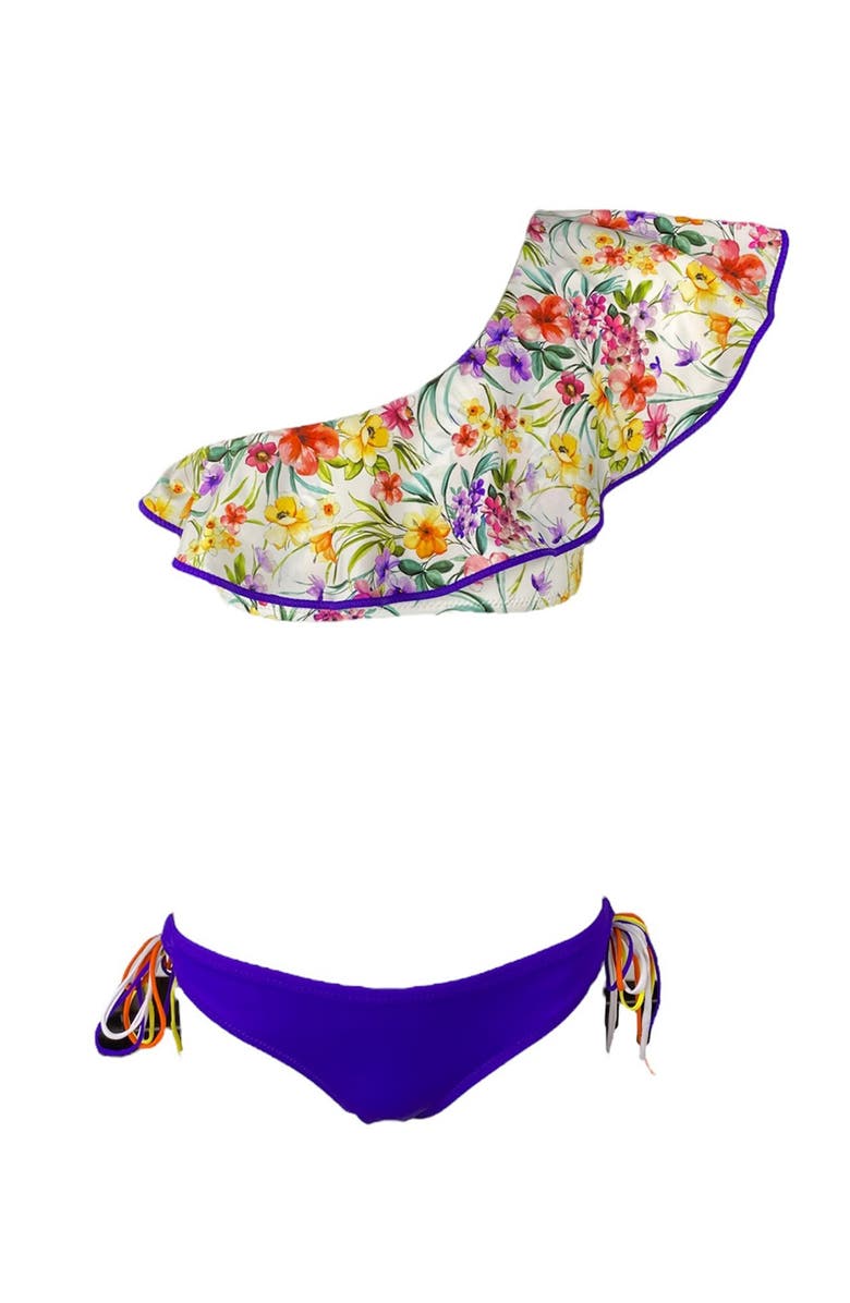 NESSI BYRD Kids' One Shoulder Floral Print Ruffle Two-Piece Swimsuit, Main, color, Multicolor