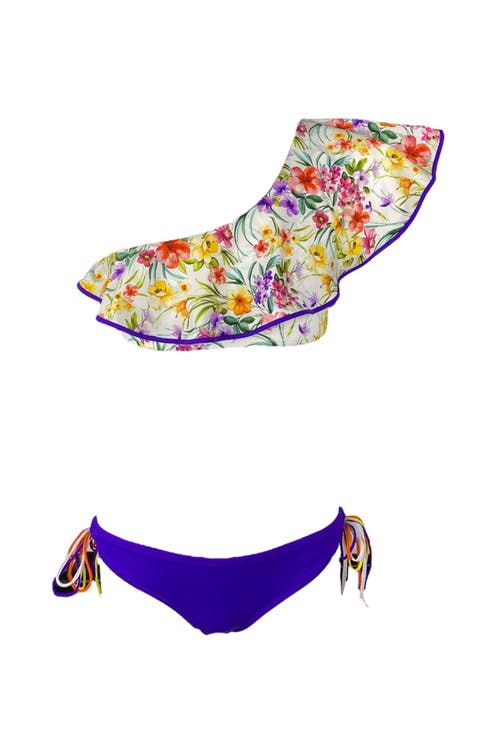 Kids' One Shoulder Floral Print Ruffle Two-Piece Swimsuit