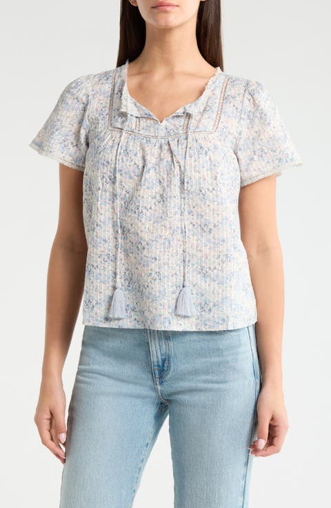 Floral Flutter Sleeve Cotton Blend Top