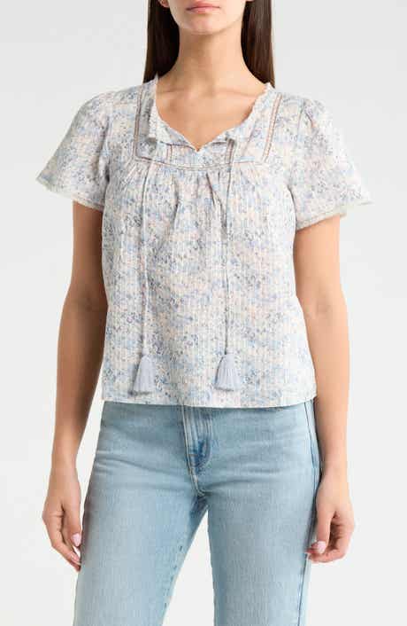 Floral Flutter Sleeve Cotton Blend Top