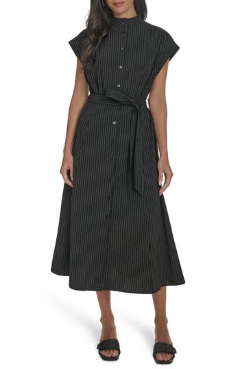 Calvin Klein Comm Stripe Midi Shirtdress In Olive/white