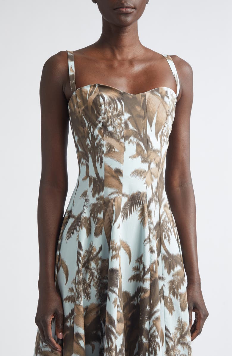 Oscar de la Renta Chiné Palm Leaves Cotton Poplin Sundress, Alternate, color, Brown/ Saltwater