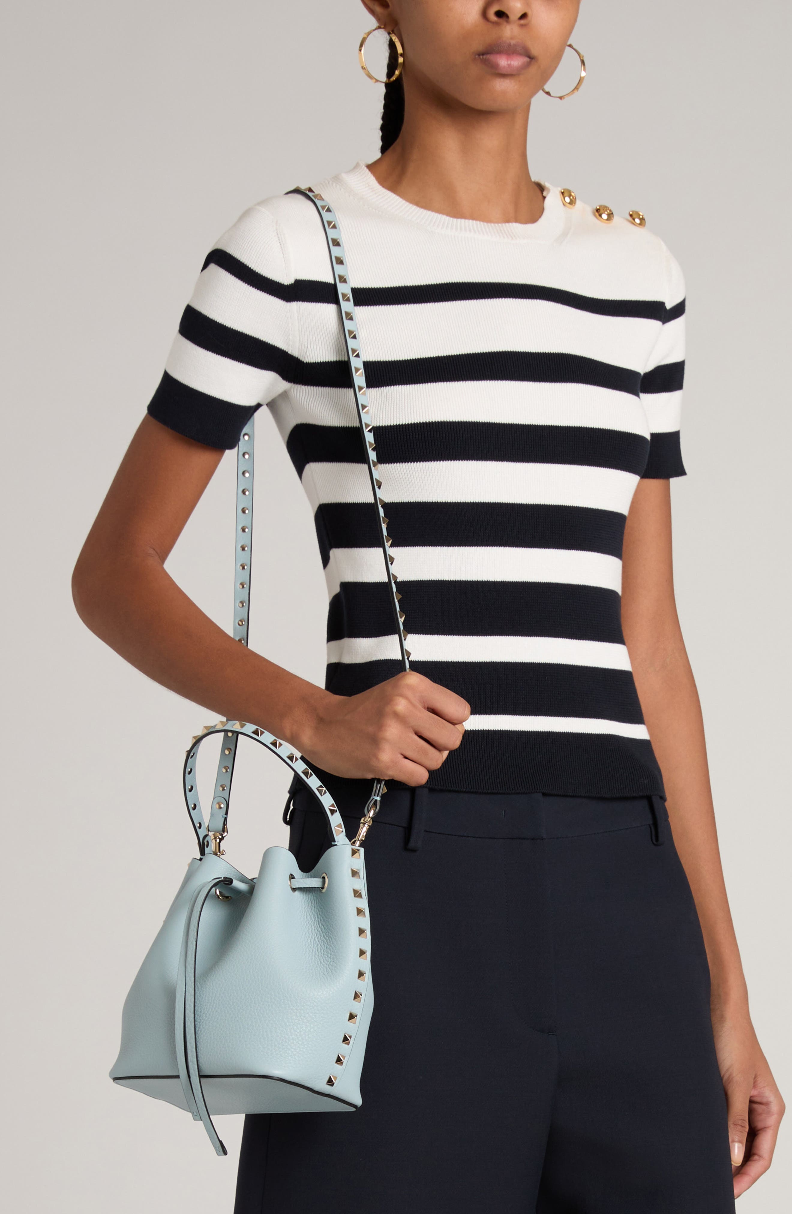 Valentino Garavani Rockstud Leather Bucket Bag, Alternate, color, 