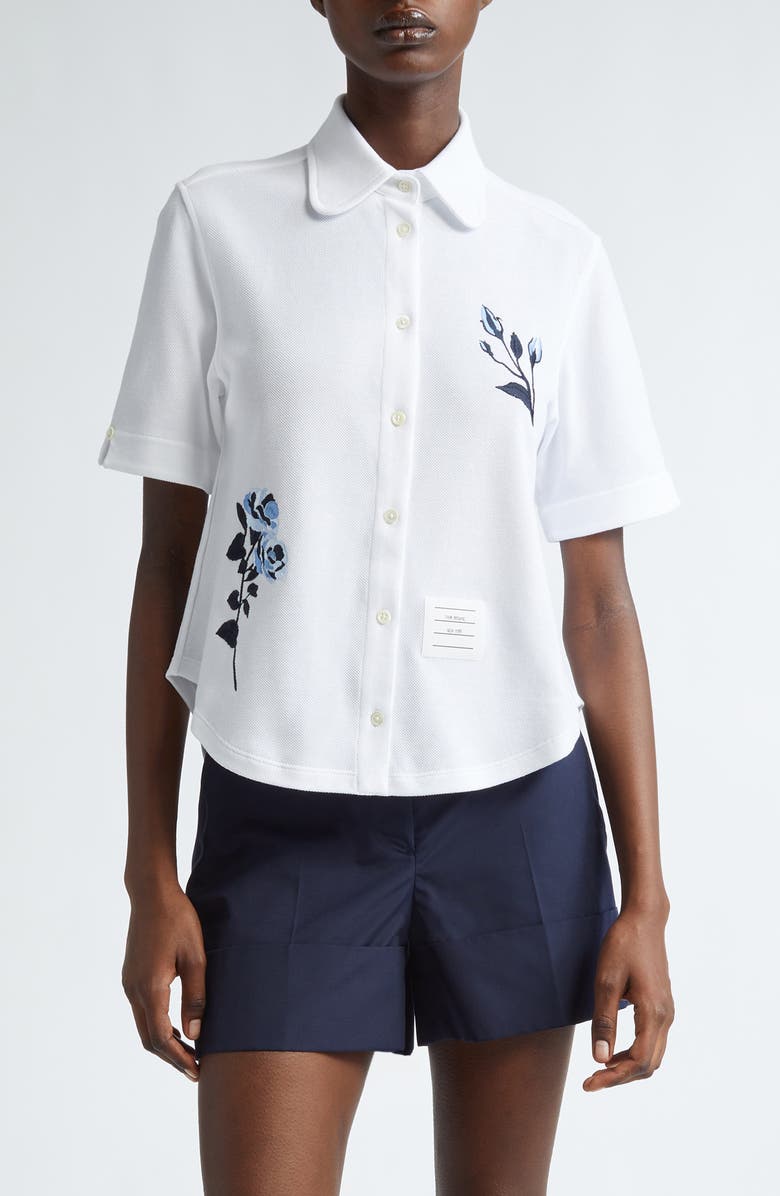 Thom Browne Embroidered Short Sleeve Cotton Button-Up Shirt, Main, color,