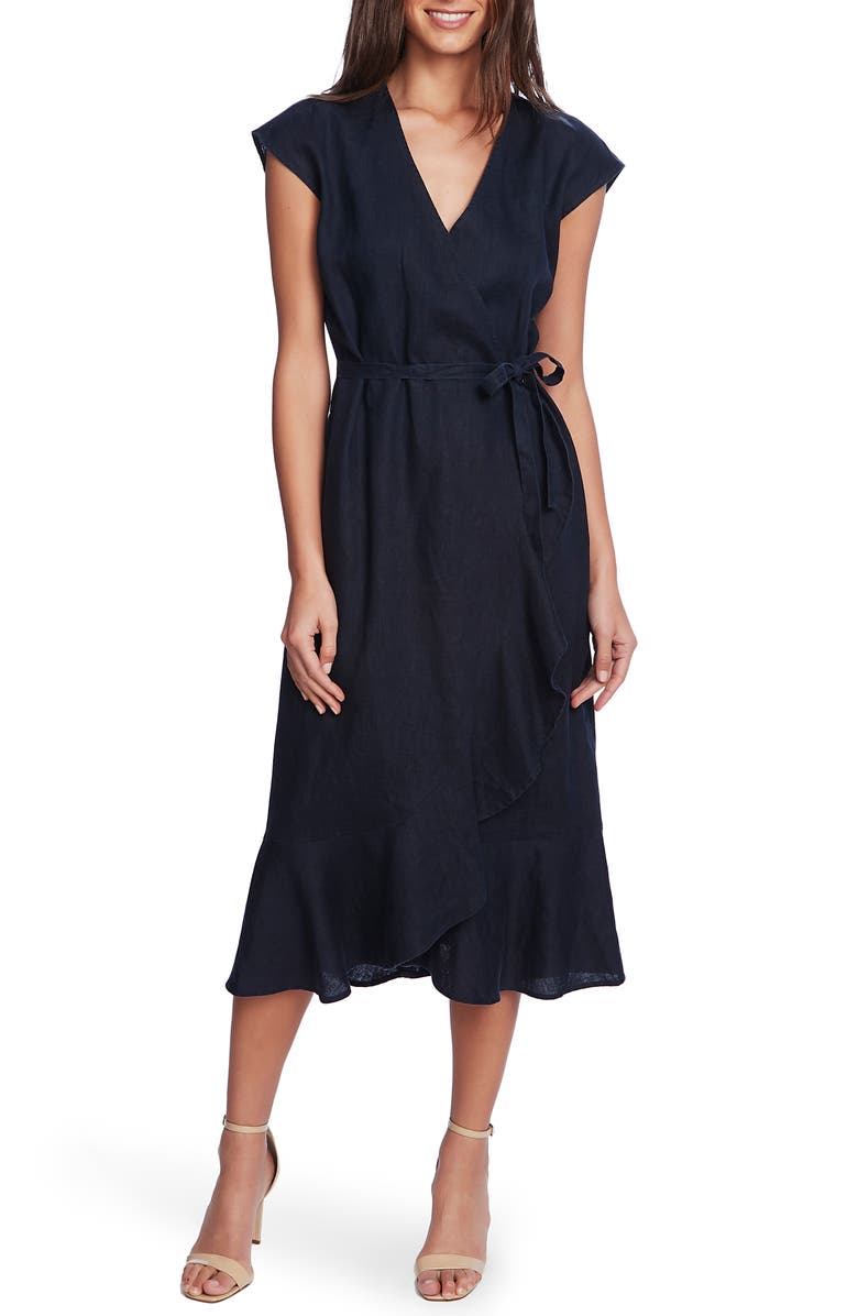 Vince Camuto Faux Wrap Ruffle Midi Dress, Main, color, 