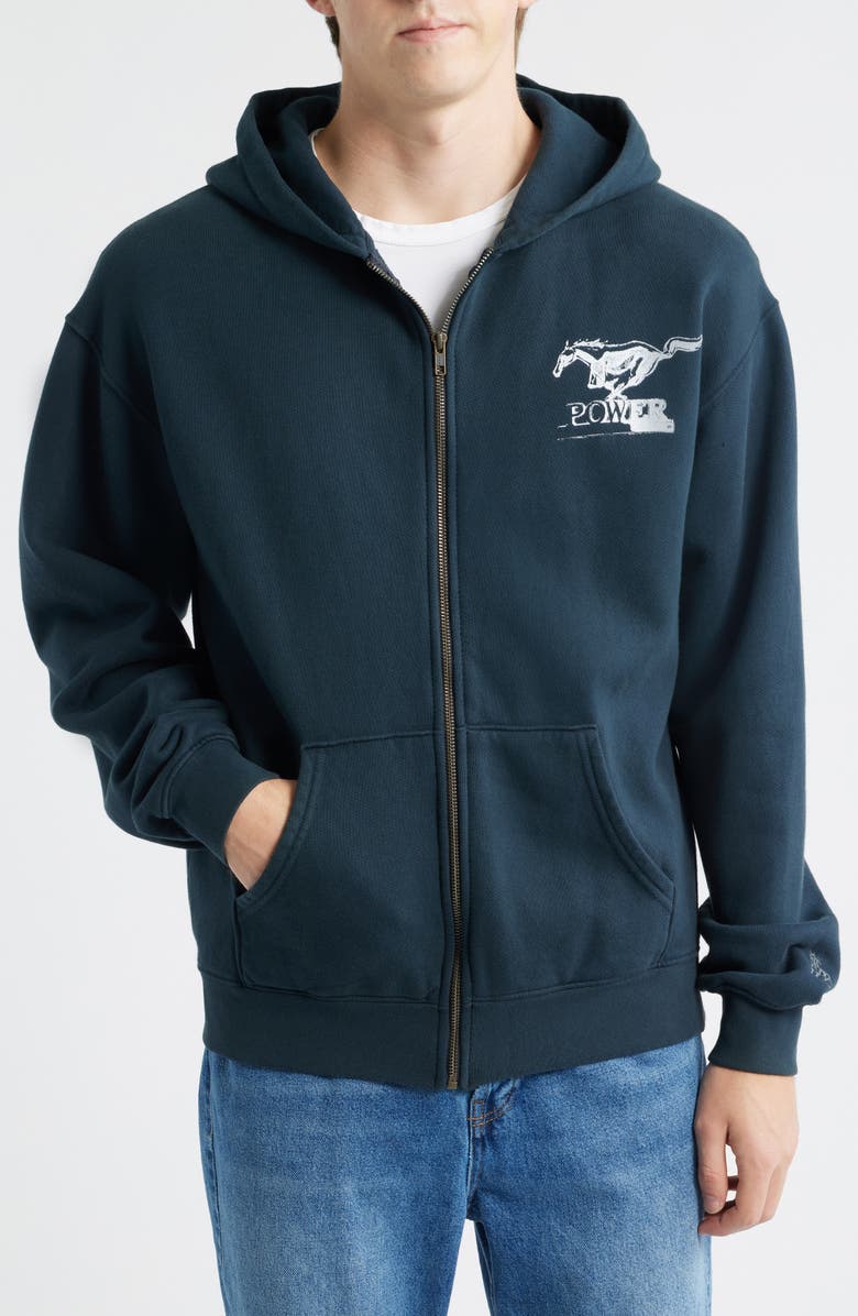 ONE OF THESE DAYS Ford Mustang Cotton Graphic Zip-Up Hoodie, Alternate, color, Washed Black