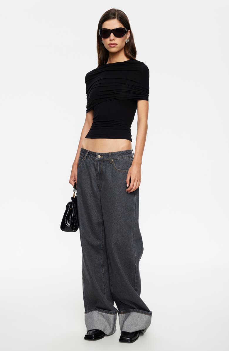 LIONESS Bella Vita Ruched Foldover Mock Neck Crop Top, Alternate, color, Noir