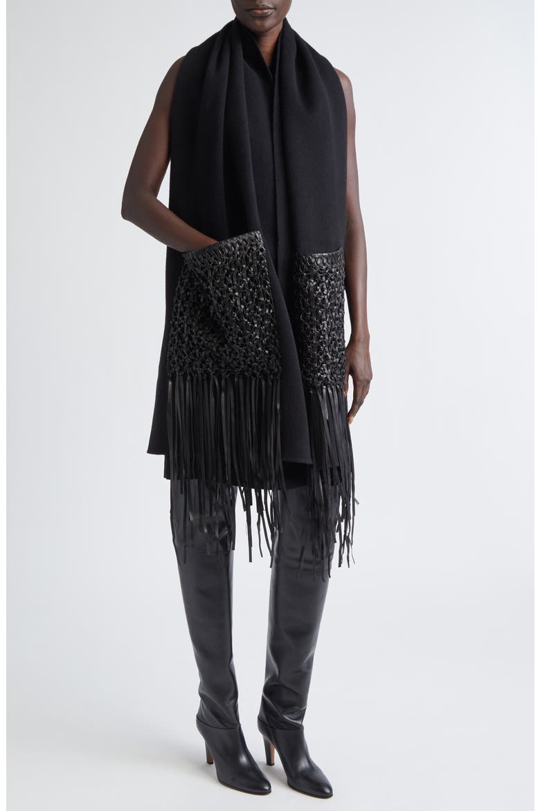 Wool & Cashmere Scarf with Macramé Leather Fringe, Alternate, color, BLACK