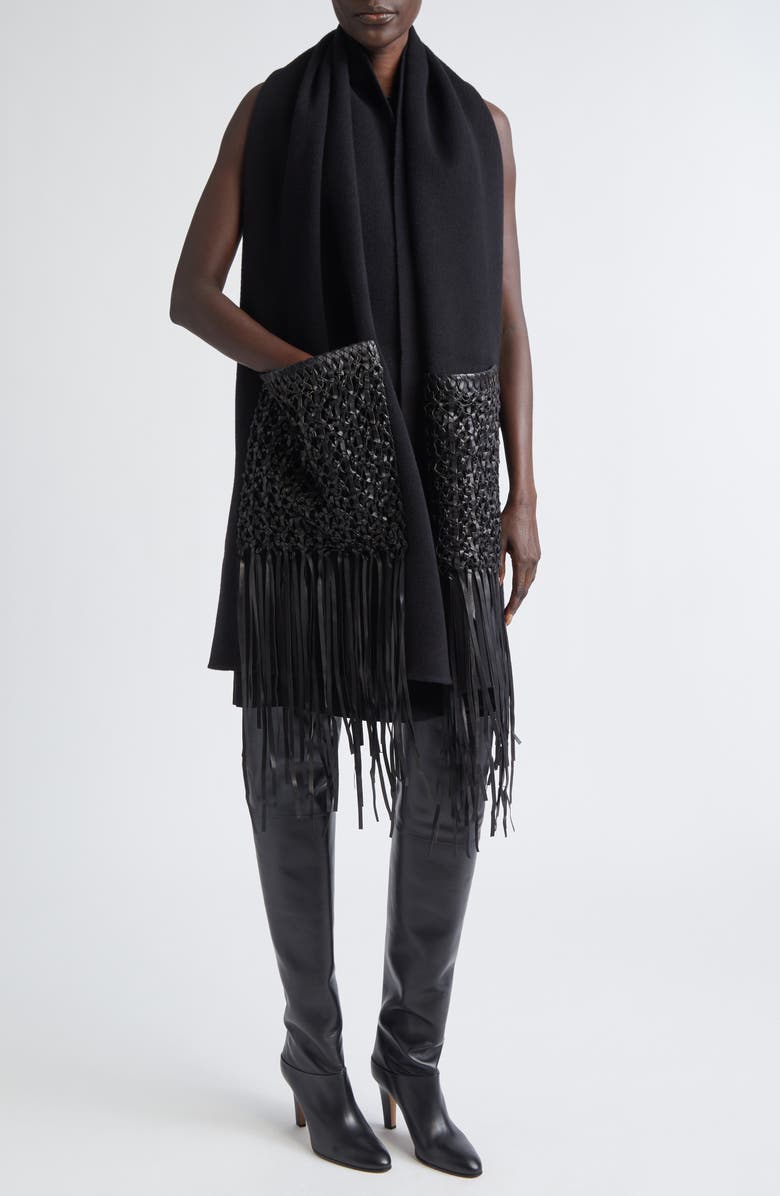 Lafayette 148 New York Wool & Cashmere Scarf with Macramé Leather Fringe, Alternate, color, Black