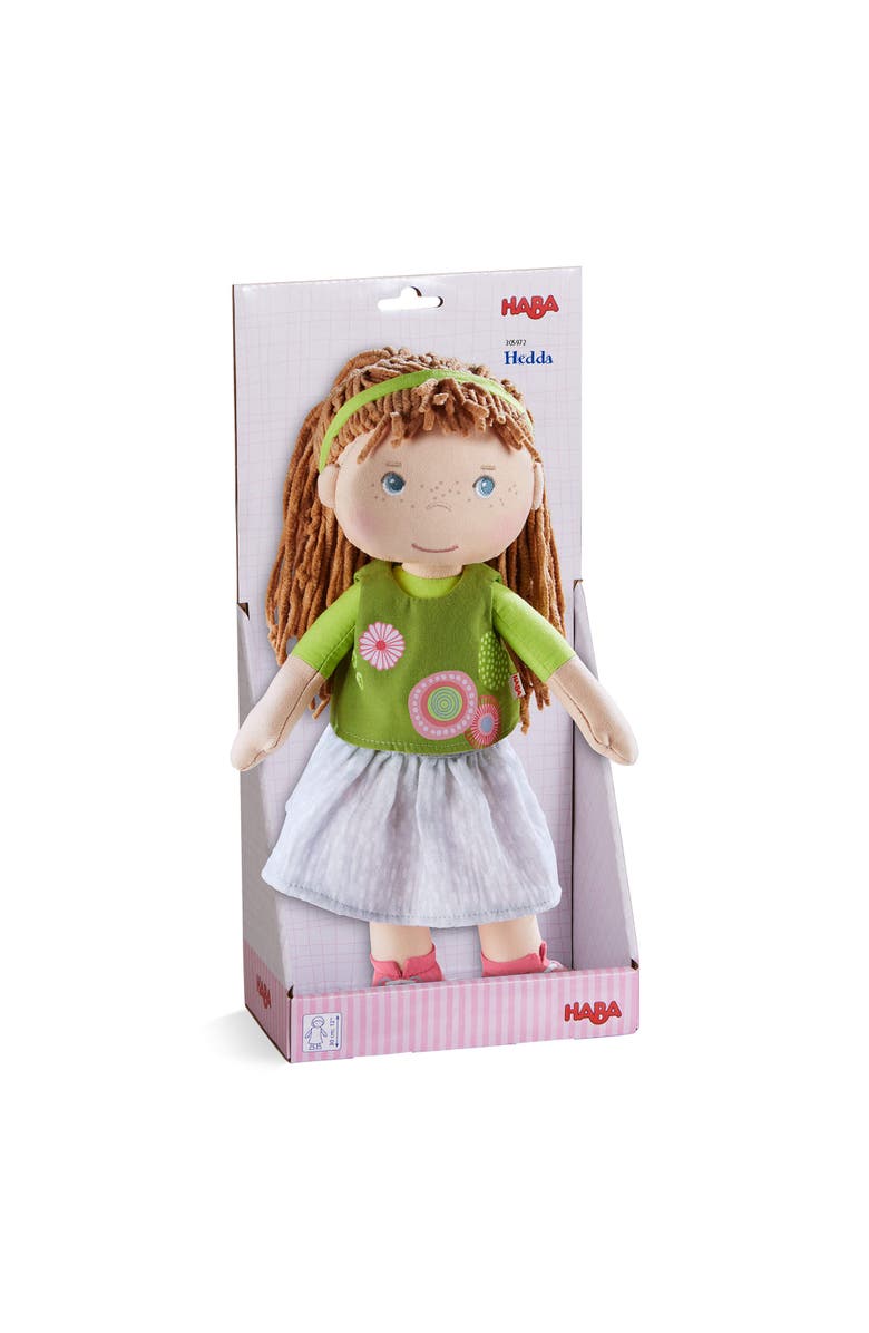 HABA 12" Soft Baby Doll Hedda with Brown Hair, Blue Eyes & Embroidered Face, Washable Toddler Doll for 18 Months+, Alternate, color, Green Multi
