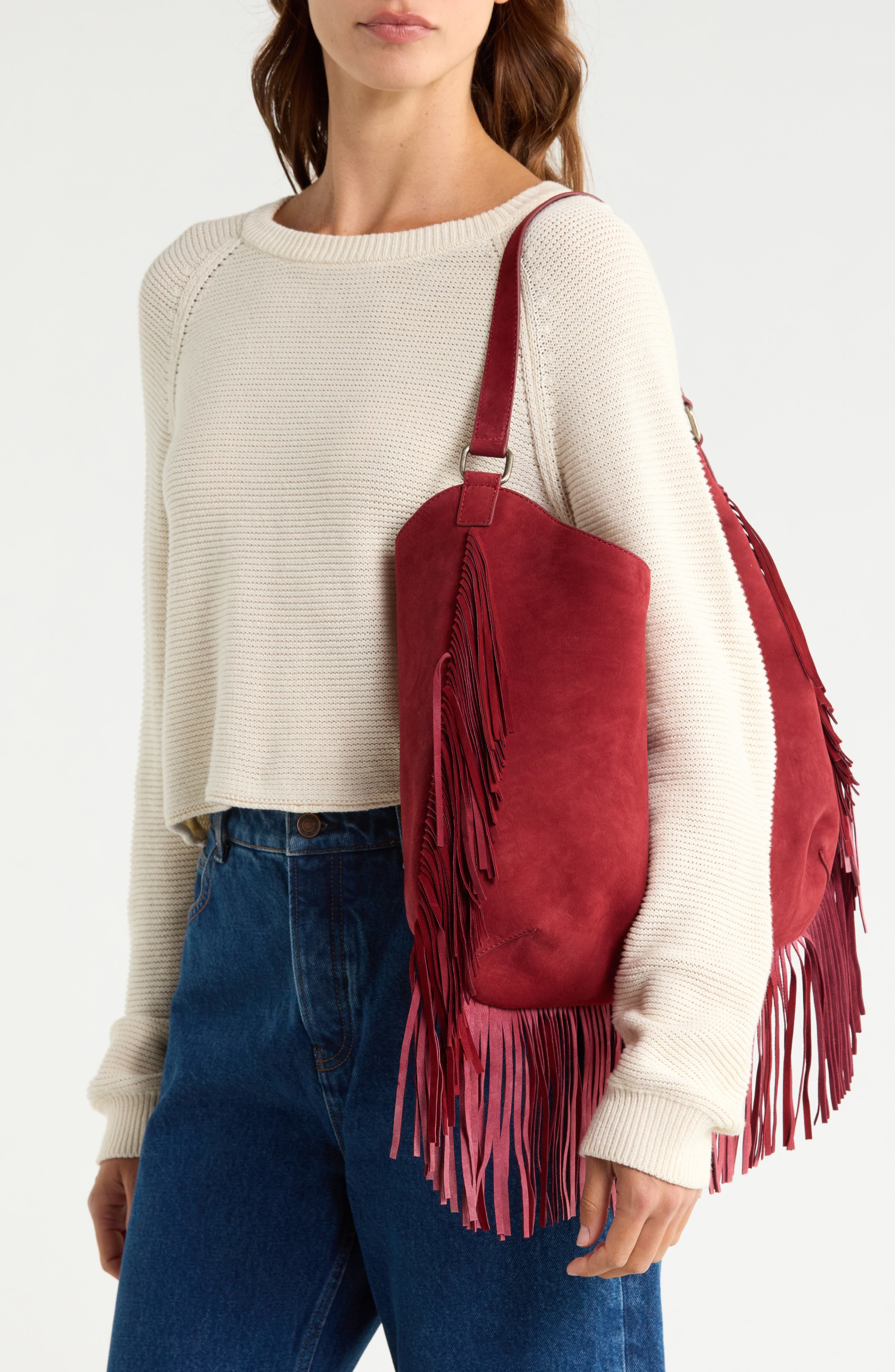 Finn Fringe Leather Shoulder Bag, Alternate, color, CHILLED MERLOT