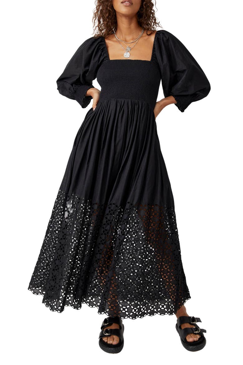 Perfect Storm Smocked Eyelet Long Sleeve Maxi Dress, Main, color, BLACK