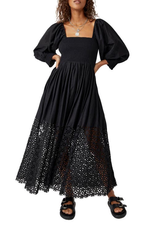 Perfect Storm Smocked Eyelet Long Sleeve Maxi Dress