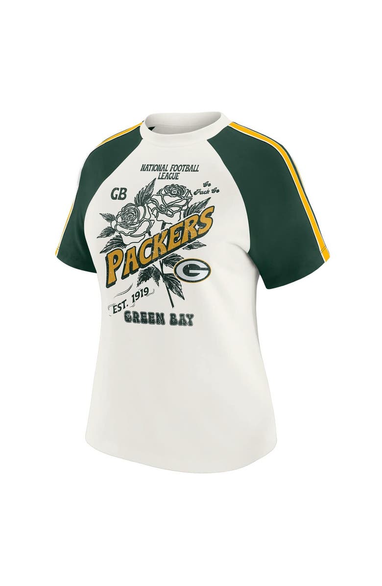 WEAR by Erin Andrews Women's WEAR by Erin Andrews White Green Bay Packers Sleeve Stripe Distressed Raglan T-Shirt, Alternate, color, White