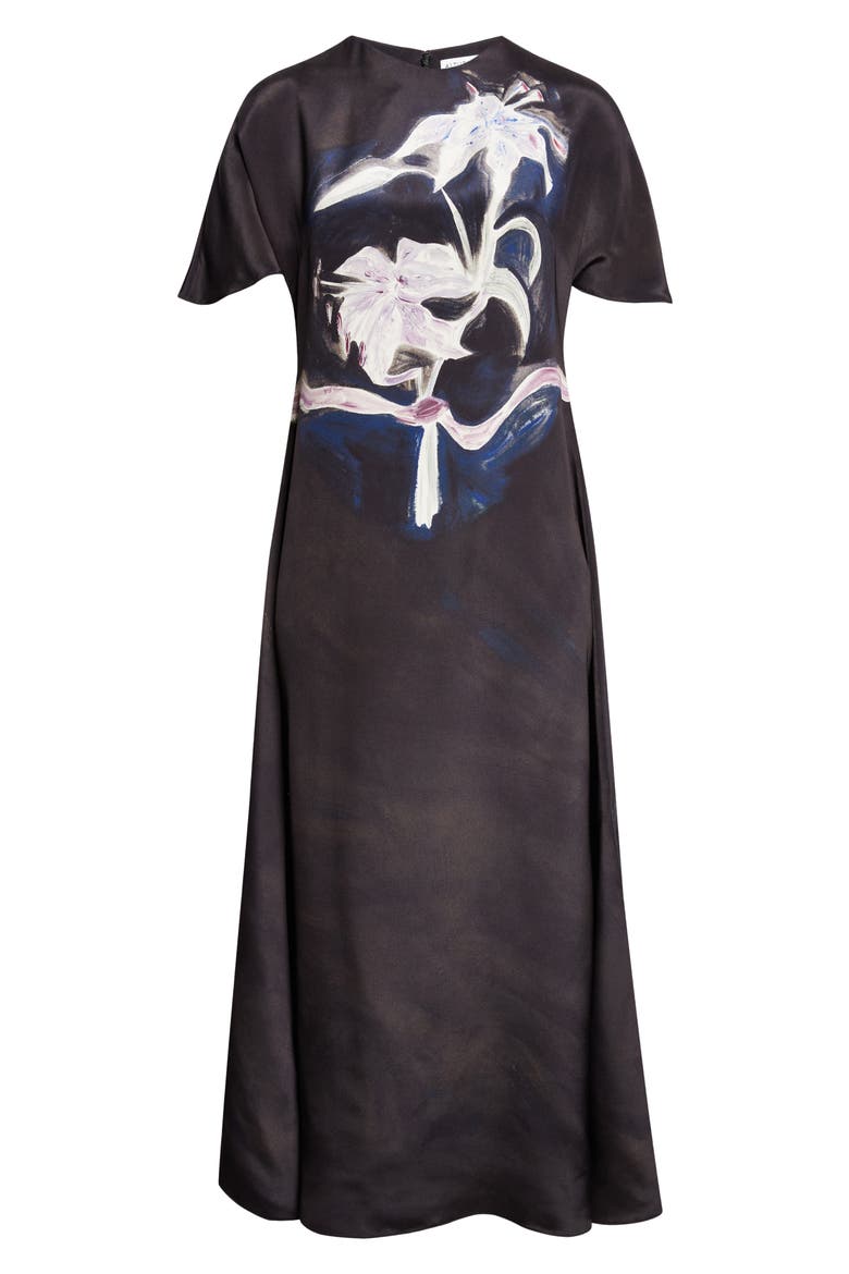 Daisy Lily Print Silk Dress, Alternate, color, BLACK LILY