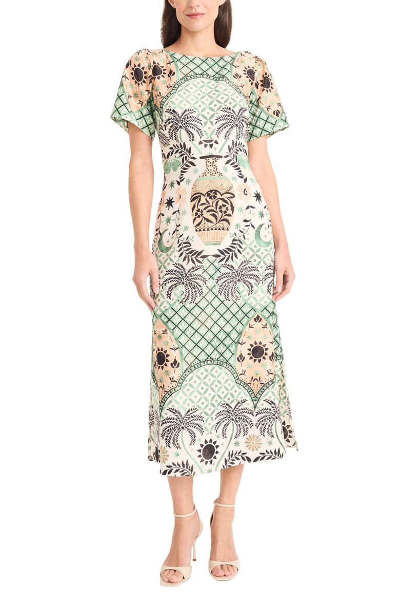 Short Sleeve Midi Dress, Main, color, CREAM/ GREEN