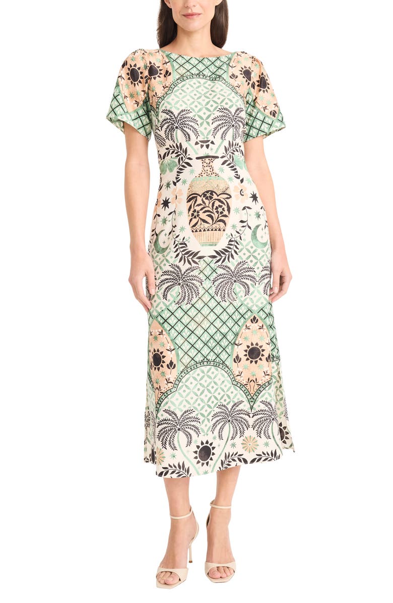 Maggy London Short Sleeve Midi Dress, Main, color, Cream/ Green