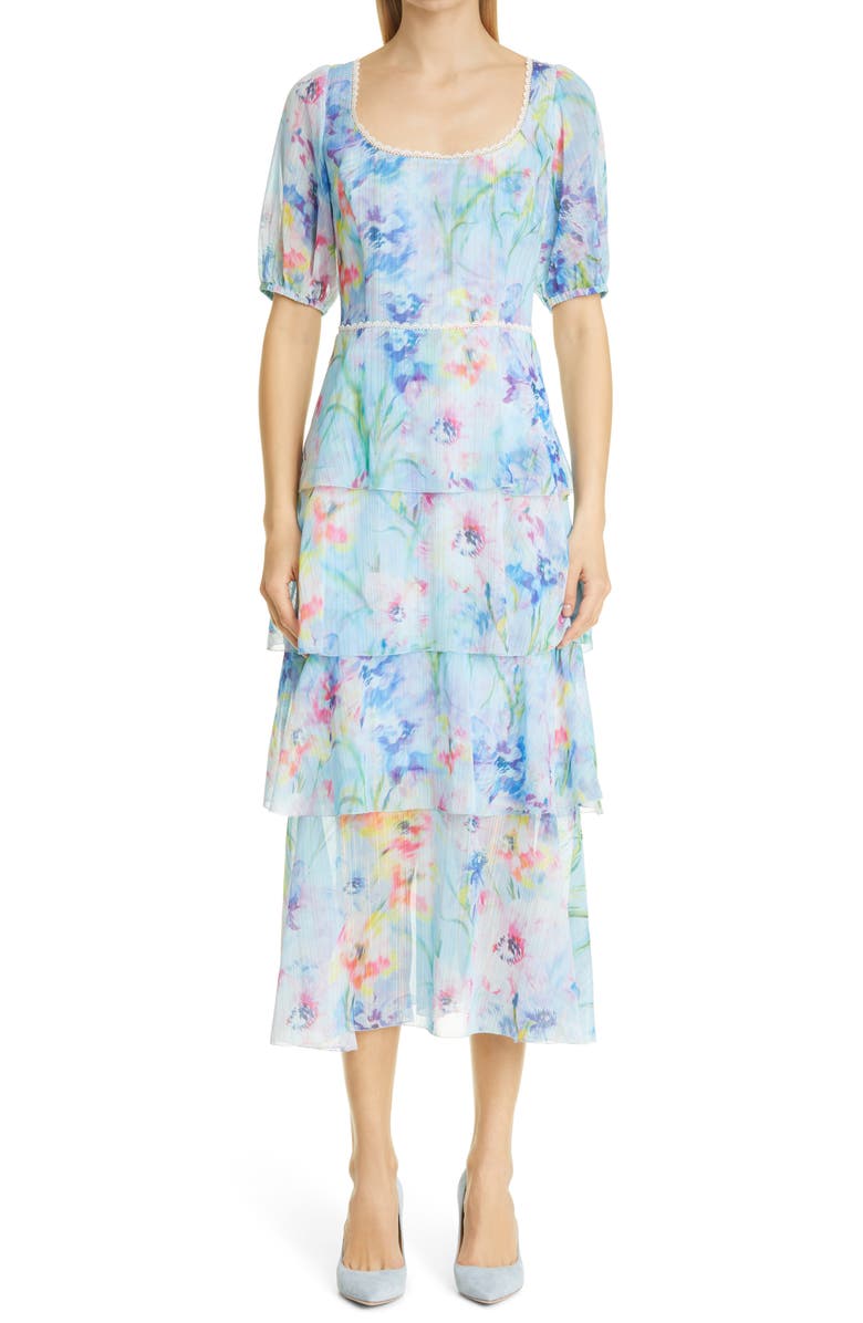 Marchesa Notte Floral Puff Sleeve Tiered Midi Dress, Main, color, 