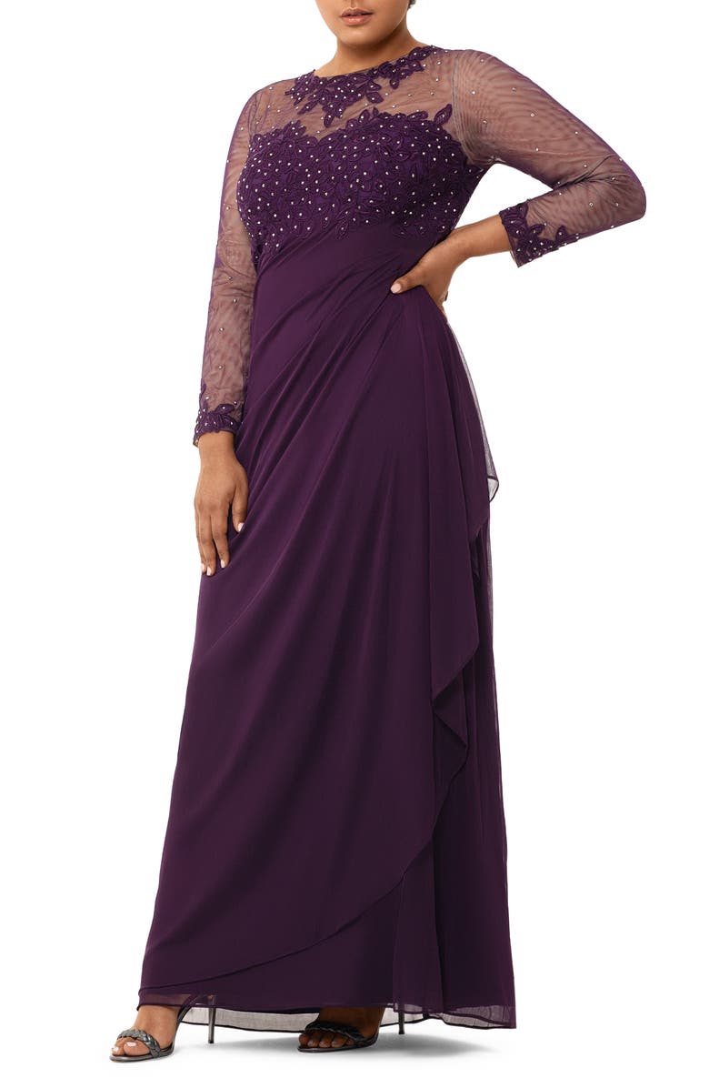 Xscape Evenings Xscape Embellished Illusion Long Sleeve Ruched Gown, Alternate, color,