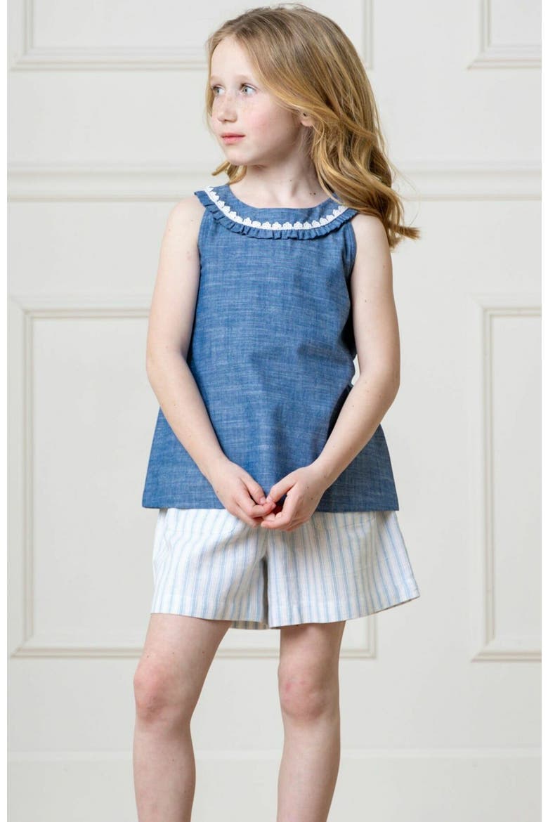 Girls' Organic Sleeveless Ruffle Collar Chambray Button Back Top , Toddler, Main, color, Chambray Sleeveless Ruffle