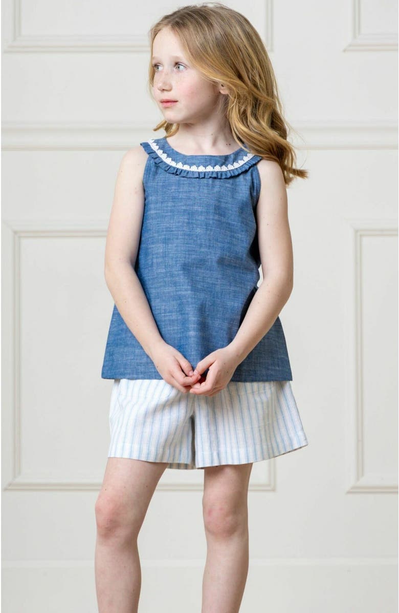 Hope & Henry Girls' Organic Sleeveless Ruffle Collar Chambray Button Back Top , Toddler, Main, color, 