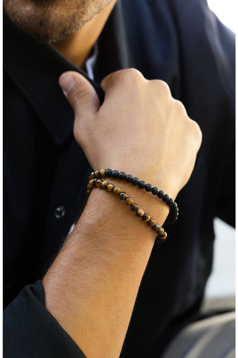 Men's Set of Two Tiger's Eye & Black Onyx Beaded Stretch Bracelets, Alternate, color, BROWN/ BLACK