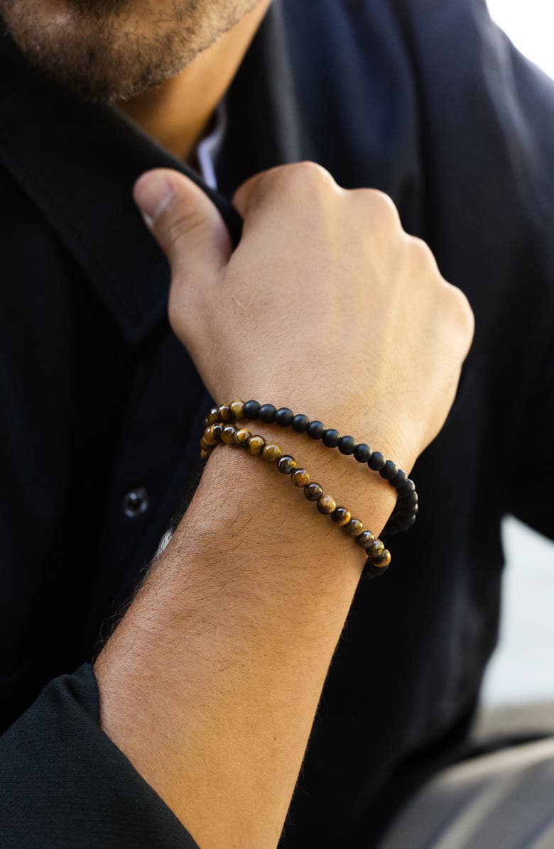 Brook and York Men's Set of Two Tiger's Eye & Black Onyx Beaded Stretch Bracelets, Alternate, color, Brown/ Black