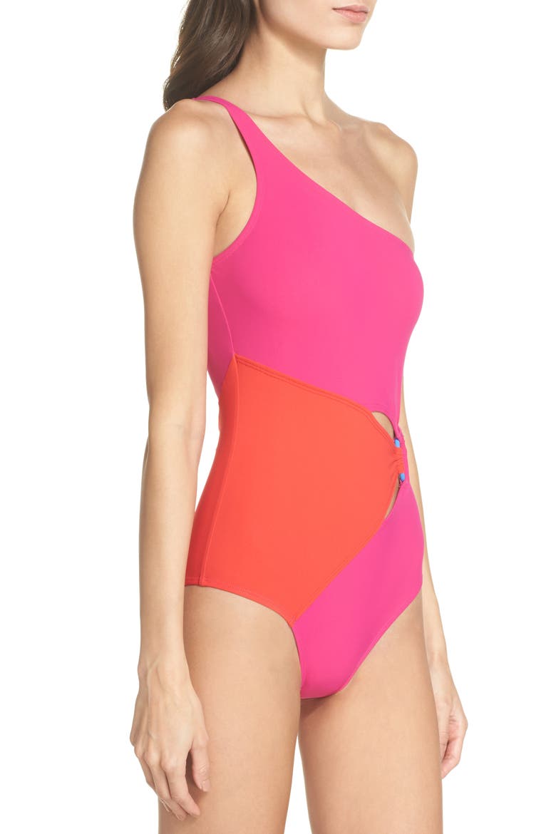 O-Ring One-Piece Swimsuit, Alternate, color, HOT PINK/ GERANIUM