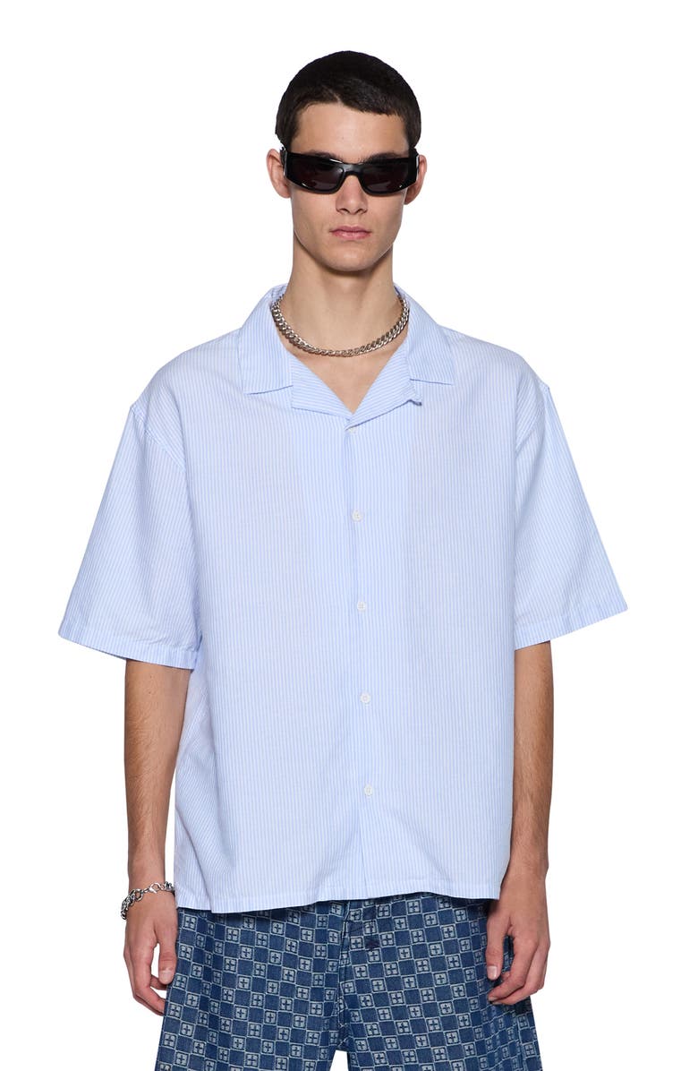 Ksubi Embroidered Caring Diner Tru Stripe Organic Cotton Camp Shirt, Alternate, color, Blue