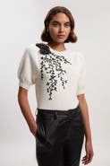 Karen Millen Flower And Beaded Puff Sleeve Knit Tee