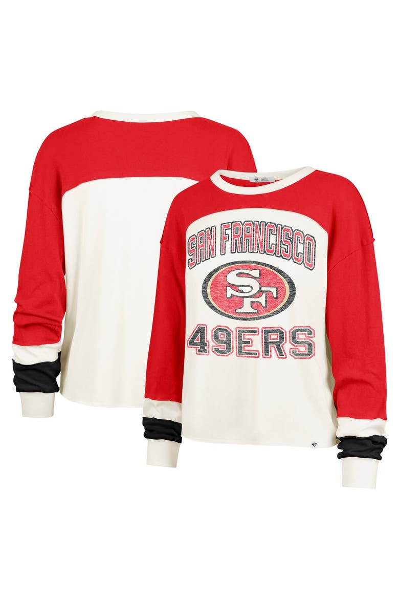 Women's '47 Cream San Francisco 49ers Double Header Curve Raglan Long Sleeve Crop Top, Main, color, Cream