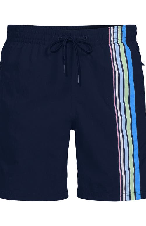 Lands' End 7 Inch Volley Hydroliner Swim Trunks In Deep Sea Navy Multi Stripes
