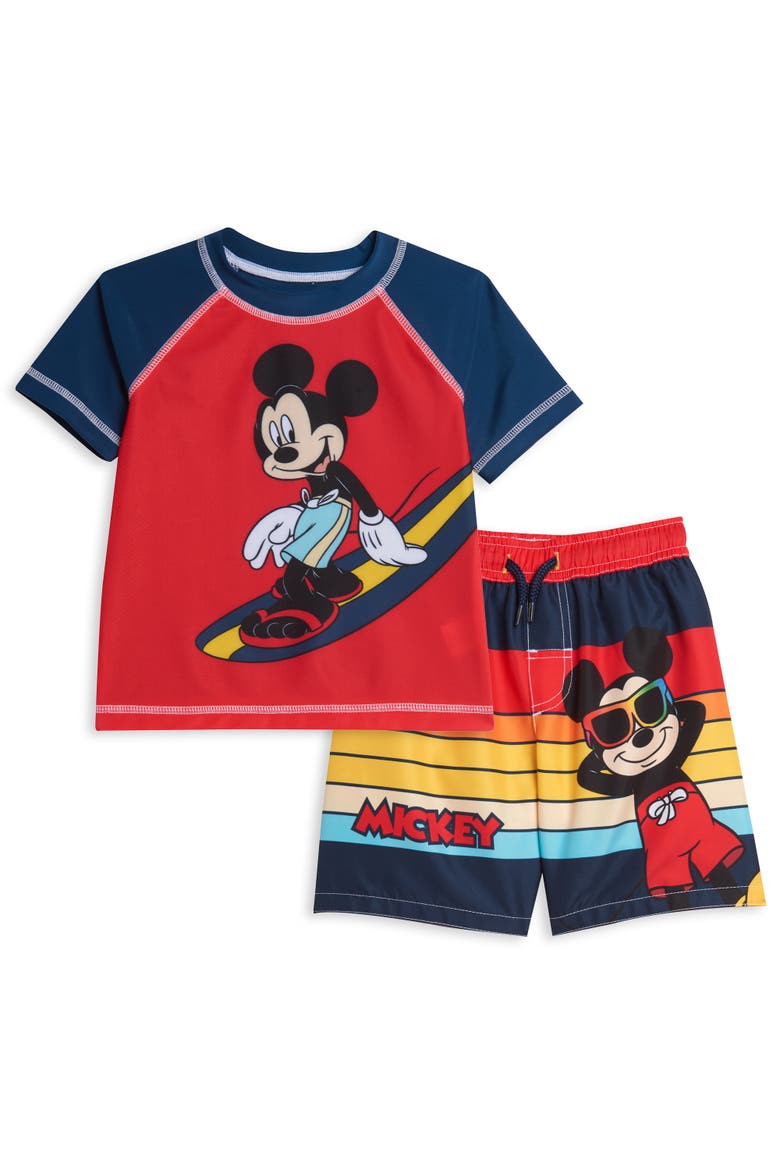 Mickey Mouse Swimwear 2-Piece Rash Guard and Swim Trunks Set, Main, color, Mickey Red Multi