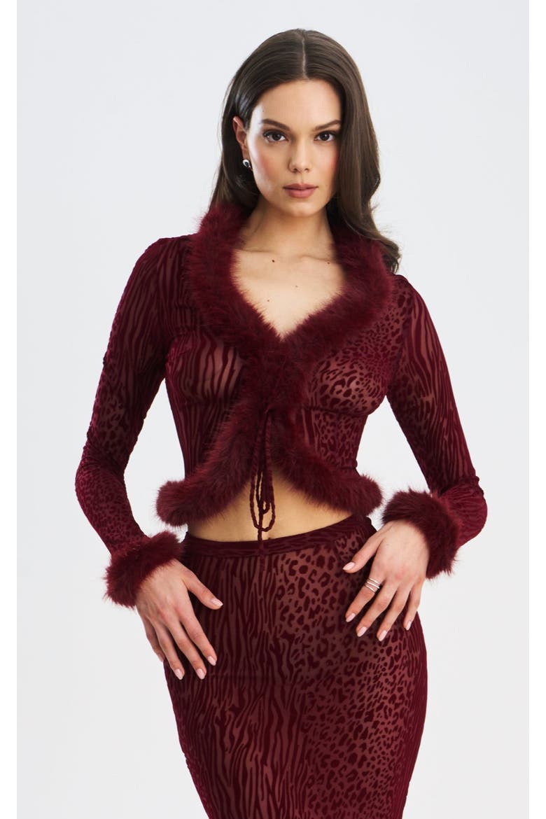 Halii Burnout Velvet Mesh Fur Trim Top, Main, color, Burgundy