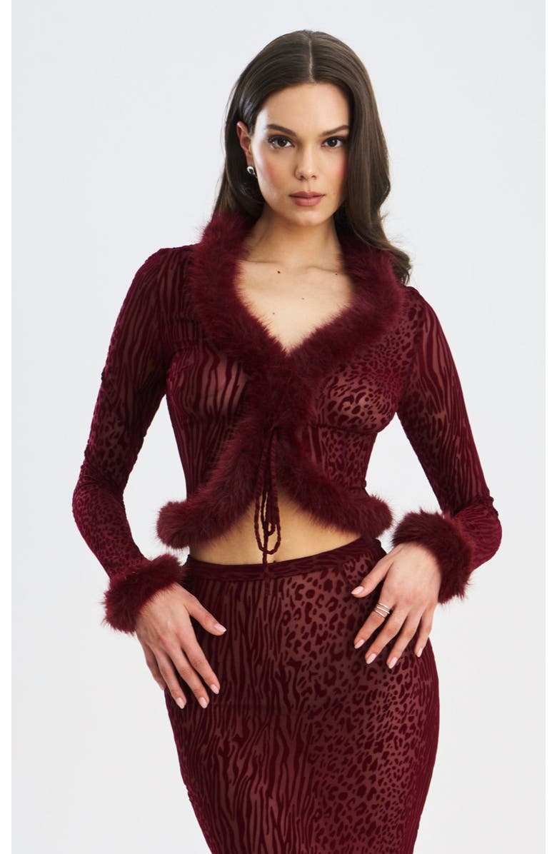 Miss Circle Halii Burnout Velvet Mesh Fur Trim Top, Main, color, Burgundy